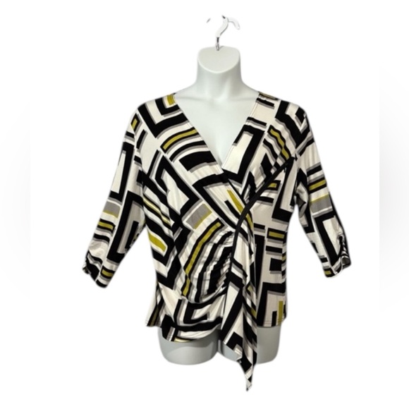 Joseph Ribkoff, Abstract Geometric Wrap Top, Size 18, White, Black, Yellow - Picture 12 of 12